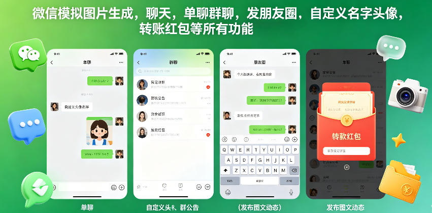 微信模拟图片生成，聊天，单聊群聊，发朋友圈，自定义名字头像，转账红包等所有功能都可以生成-e家网